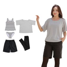 画像30: 体系カバー水着５点セット　Tシャツ　布帛サーフパンツ　レギンス　タンキニ上下セット運動服　ヨガ　スポーツウェア レディース セパレート タンキニ 半袖 5点セット  uvカット upf50+ プール 海 水陸両用 無地シンプル色展開　 (30)