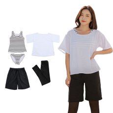 画像33: 体系カバー水着５点セット　Tシャツ　布帛サーフパンツ　レギンス　タンキニ上下セット運動服　ヨガ　スポーツウェア レディース セパレート タンキニ 半袖 5点セット  uvカット upf50+ プール 海 水陸両用 無地シンプル色展開　 (33)
