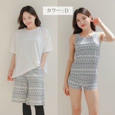 画像31: 半袖Tシャツと膝までロングショットパンツ、タンキニトップス、四角ショーツとレギンス　５点セット水着　水着 レディース 体型カバー タンキニ 5点 セット タンクトップ ショートパンツ Tシャツ ラッシュガード ママ水着 (31)