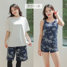 画像19: 半袖Tシャツと膝までロングショットパンツ、タンキニトップス、四角ショーツとレギンス　５点セット水着　水着 レディース 体型カバー タンキニ 5点 セット タンクトップ ショートパンツ Tシャツ ラッシュガード ママ水着 (19)