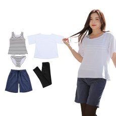 画像35: 体系カバー水着５点セット　Tシャツ　布帛サーフパンツ　レギンス　タンキニ上下セット運動服　ヨガ　スポーツウェア レディース セパレート タンキニ 半袖 5点セット  uvカット upf50+ プール 海 水陸両用 無地シンプル色展開　 (35)