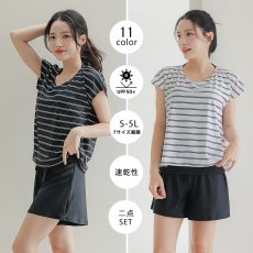 画像39: ビックサイズあり　レデイース水着 インナータンキニ付き 無地袖なしTシャツ インナーパンツ付き ショットパンツ 二点セット水着 UVカットレイヤード風 タンキニ セパレート ノンワイヤー パッド付き (39)