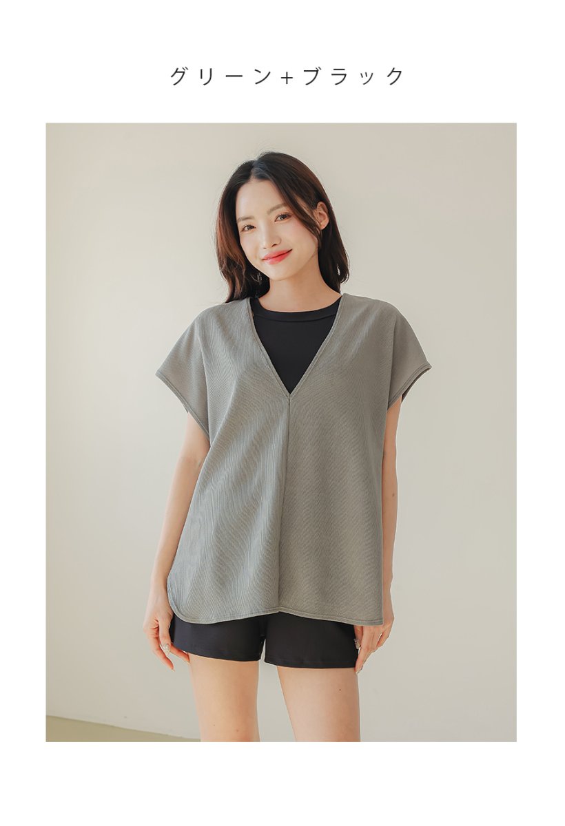 画像17: インナー付きショットパンツとハイネックトップスとパーカー オシャレー水着　レデイース体型カバー　カバーアップ水着　ファション水着　アパレル水着　水着ファッション　ママ系水着　スイムウェア (17)