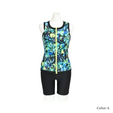 画像20: プリント柄　タンク 前ファスナー　レディース フィットネス セパレート 体型カバー フィットネス水着 水着スイムウェア めくれ防止 ビキニ 女の子 タンキニ インナー 競泳水着 (20)