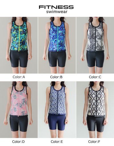 画像1: プリント柄　タンク 前ファスナー　レディース フィットネス セパレート 体型カバー フィットネス水着 水着スイムウェア めくれ防止 ビキニ 女の子 タンキニ インナー 競泳水着