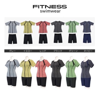 画像3: めぐれ防止ボタン着きフィットネス水着セット 競泳練習用水着 水着セット キャップ付き レディース セパレート 半袖 上下セット 大きいサイズ 体型カバ-