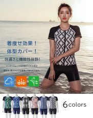 画像4: サウナ水着　めぐれ防止ボタン着き　キャップセット　プリント柄もの　フィットネス水着セット　レディース フィットネス水着 セパレート キャップ セット めくれ防止 (4)