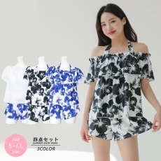 画像2: 体型カバー水着セット カップインタイプのタンキニ 脱ぎ着もしやすい水着 Tシャツ付 タンキニ水着4点セットモテカワ水着  パッド付 セットアップ 大人 2WAY素材　ママ水着　 (2)