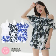 画像1: 体型カバー水着セット カップインタイプのタンキニ 脱ぎ着もしやすい水着 Tシャツ付 タンキニ水着4点セットモテカワ水着  パッド付 セットアップ 大人 2WAY素材　ママ水着　 (1)