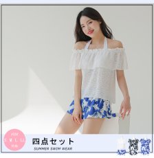 画像7: 体型カバー水着セット カップインタイプのタンキニ 脱ぎ着もしやすい水着 Tシャツ付 タンキニ水着4点セットモテカワ水着  パッド付 セットアップ 大人 2WAY素材　ママ水着　 (7)