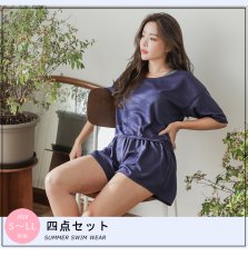 画像2:  体型カバーパンツとタンキニ4点水着セット　レディース水着 タンキニ水着 ラッシュガード 短パン4点セット 無地シンプル　温泉水着  ママ水着 おしゃれ サウナ水着 (2)