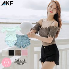 画像6: デニム付きシャーチング工程モノキニ水着2点セット　モノキニ ビキニ セクシー ひも レディース 水着 デニム 水着セット スイムウエア ビキニセット  女性 海 プール スポーツ (6)