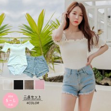 画像5: デニム付きシャーチング工程モノキニ水着2点セット　モノキニ ビキニ セクシー ひも レディース 水着 デニム 水着セット スイムウエア ビキニセット  女性 海 プール スポーツ (5)