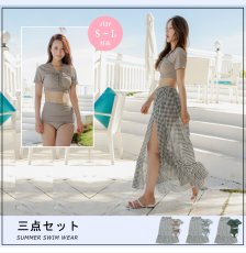 画像4: ロングスカート付き　半袖水着3点セット　新作 お洒落で可愛い水着 ロングスカートセット水着 レディース 夏  ビキニ 3点セット　中学生 高校生 お尻 お腹 太もも カバーアップ みずぎ 温泉 プール ビーチ 海　 (4)