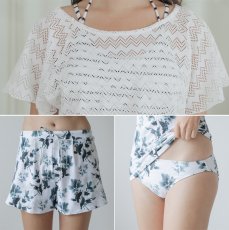 画像4: レース水着四点セット 水着体系カバーセット 半袖ラッシュガード　ショットパンツ タンキニトップス 丸角ショーツ 水着4点セット ママ水着 スイムウェア カバーアップウェット水着 (4)
