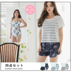 画像3: レース水着四点セット 水着体系カバーセット 半袖ラッシュガード　ショットパンツ タンキニトップス 丸角ショーツ 水着4点セット ママ水着 スイムウェア カバーアップウェット水着 (3)