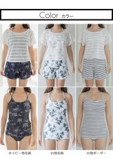 画像5: レース水着四点セット 水着体系カバーセット 半袖ラッシュガード　ショットパンツ タンキニトップス 丸角ショーツ 水着4点セット ママ水着 スイムウェア カバーアップウェット水着 (5)