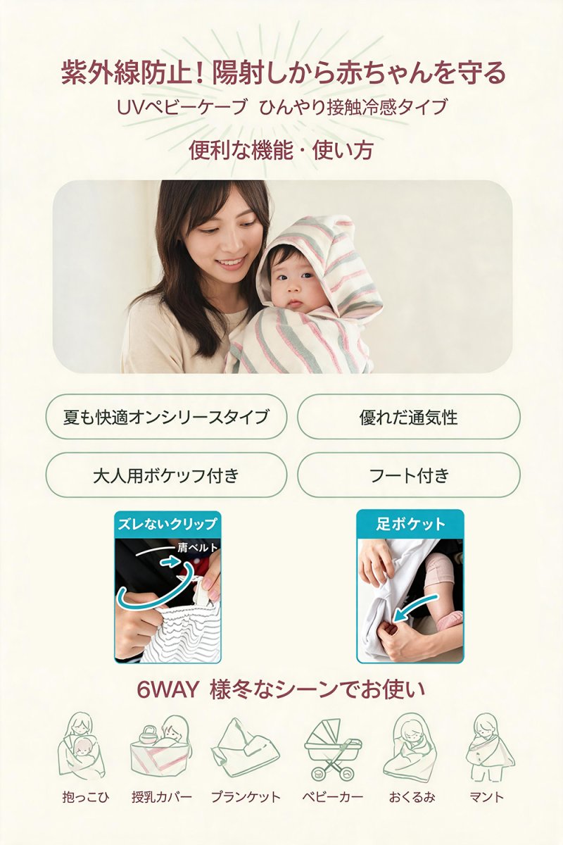 画像7:  抱っこ紐 ケープ UVカット 接触冷感 ひんやり ベビーケープ 春 夏 秋 ベビーカー ブランケット 日よけ ひよけカバー サイズ調整で虫よけにも 飛沫カット カバー クリップ取付 グレー ベージュ (7)