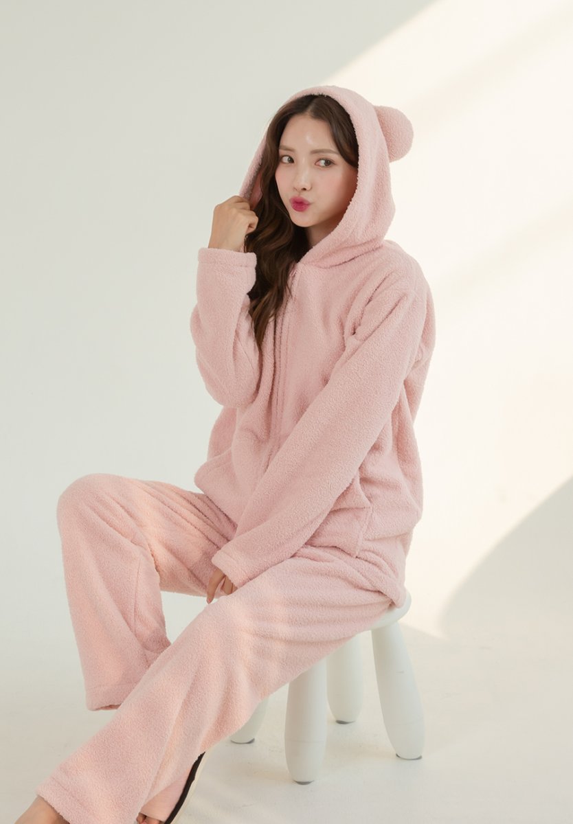 画像23: ZIP 猫耳フードパーカーとパンツセット レデイースパジャマ　フードパーカーとパンツセット ルームウェア レディース パジャマ もこもこ パーカー & ロングパンツ 上下 2点 セット (23)