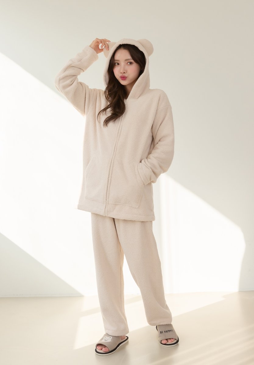 画像18: ZIP 猫耳フードパーカーとパンツセット レデイースパジャマ　フードパーカーとパンツセット ルームウェア レディース パジャマ もこもこ パーカー & ロングパンツ 上下 2点 セット (18)