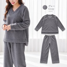 画像35: 着る毛布　モコモコレディース　Vネックとロングズボンセット パジャマ レディース もこもこ ルームウェア 長袖 上下セット 着る毛布厚手 あったか ゆったり 可愛い オシャレ 部屋着 冬用 (35)