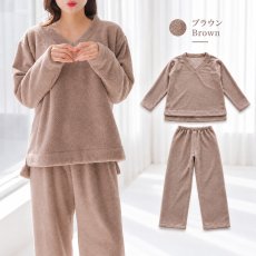 画像33: 着る毛布　モコモコレディース　Vネックとロングズボンセット パジャマ レディース もこもこ ルームウェア 長袖 上下セット 着る毛布厚手 あったか ゆったり 可愛い オシャレ 部屋着 冬用 (33)